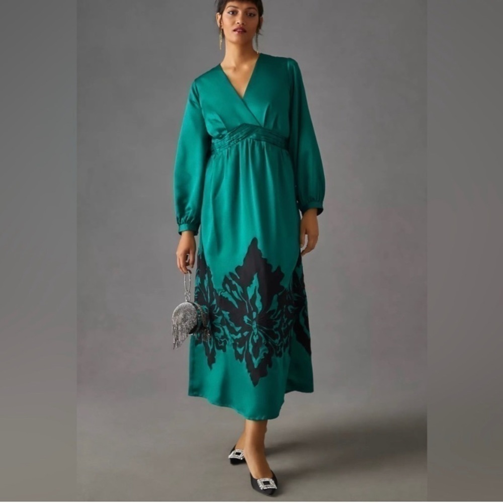 Anthropologie Nikasha Embroidered Satin midi V neck Dress autumn wedding guest - Picture 2 of 14